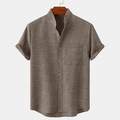 Momount Uomo Camicia di Lino – Manica Corta Collo alla Coreana Taschino al Petto Estiva