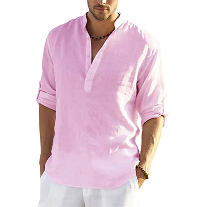 Momount Uomo Camicia Henley di Lino – Manica Lunga Collo alla Coreana Casual