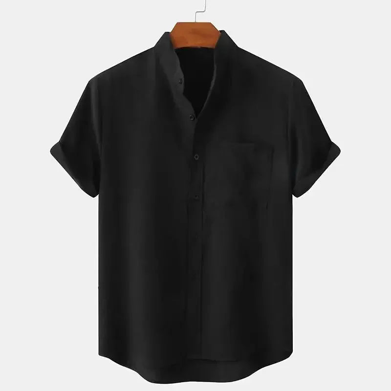 Momount Uomo Camicia di Lino – Manica Corta Collo alla Coreana Taschino al Petto Estiva
