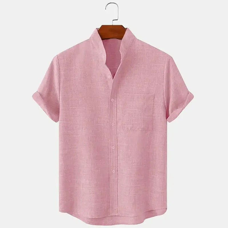 Momount Uomo Camicia di Lino – Manica Corta Collo alla Coreana Taschino al Petto Estiva