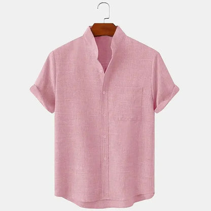 Momount Uomo Camicia di Lino – Manica Corta Collo alla Coreana Taschino al Petto Estiva