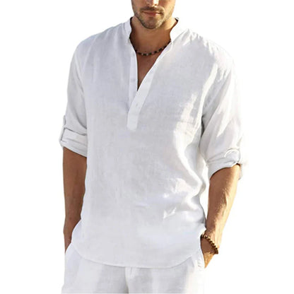 Momount Uomo Camicia Henley di Lino – Manica Lunga Collo alla Coreana Casual
