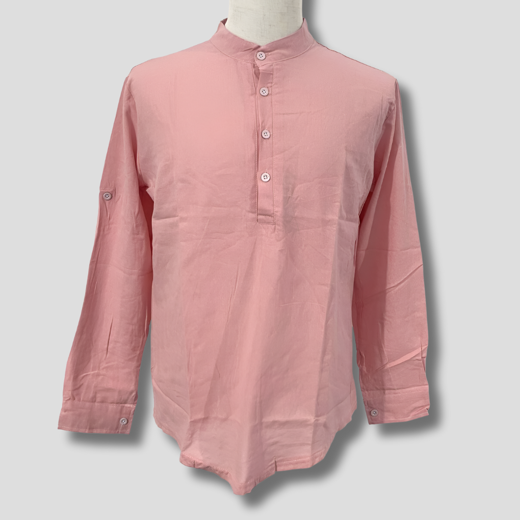 Momount Uomo Camicia Henley di Lino – Manica Lunga con Linguetta Arrotolabile Casual