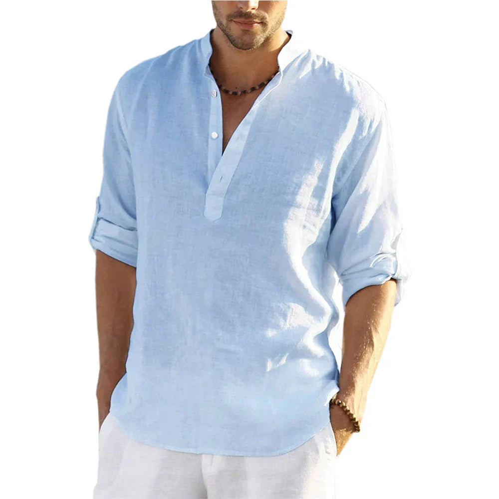 Momount Uomo Camicia Henley di Lino – Manica Lunga Collo alla Coreana Casual