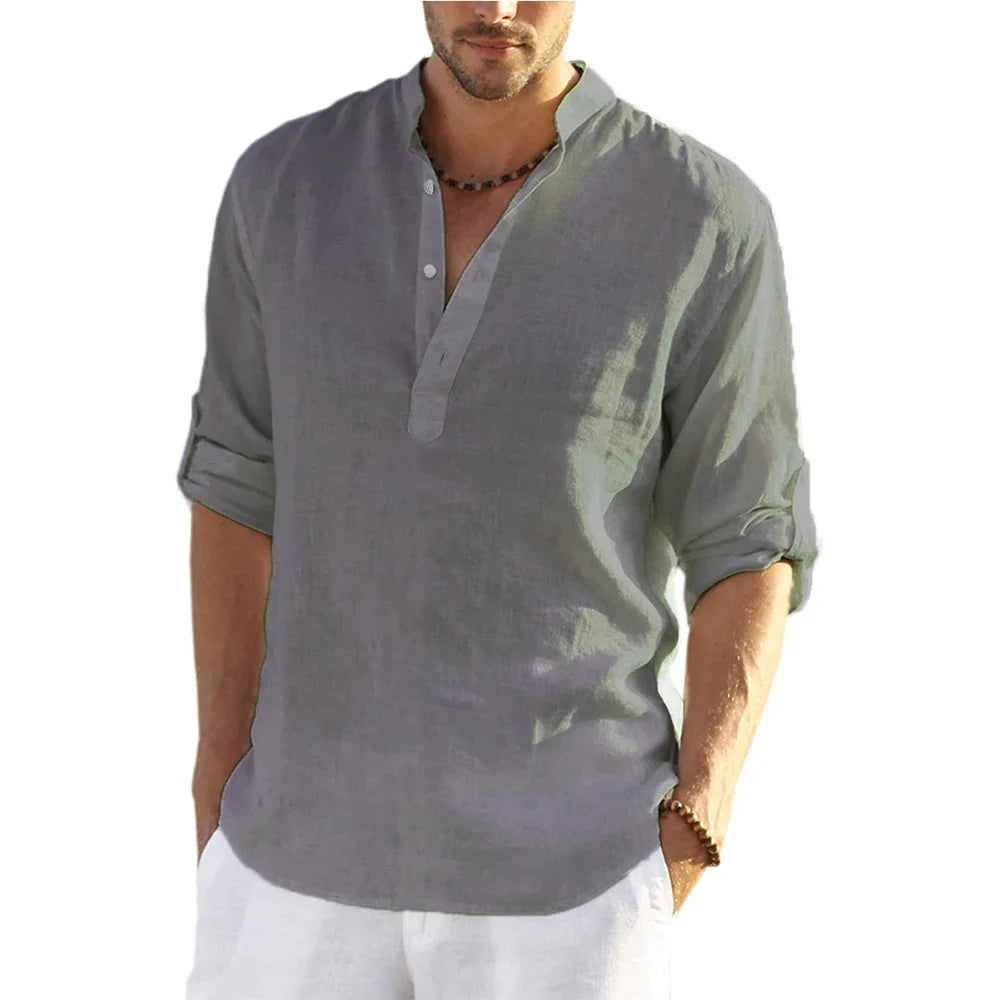 Momount Uomo Camicia Henley di Lino – Manica Lunga Collo alla Coreana Casual