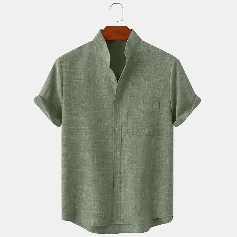 Momount Uomo Camicia di Lino – Manica Corta Collo alla Coreana Taschino al Petto Estiva