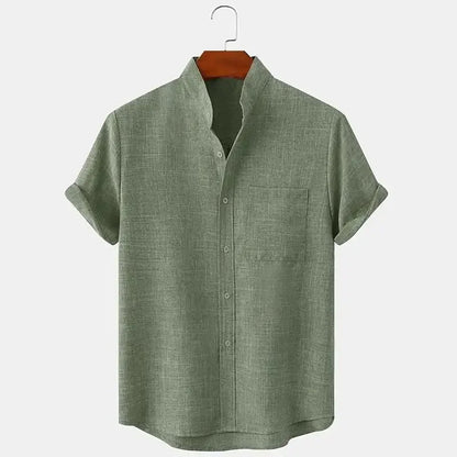 Momount Uomo Camicia di Lino – Manica Corta Collo alla Coreana Taschino al Petto Estiva