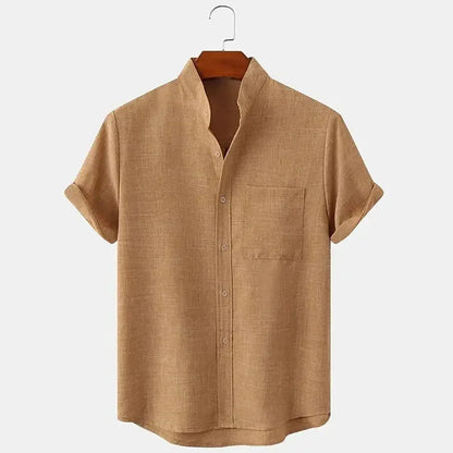 Momount Uomo Camicia di Lino – Manica Corta Collo alla Coreana Taschino al Petto Estiva