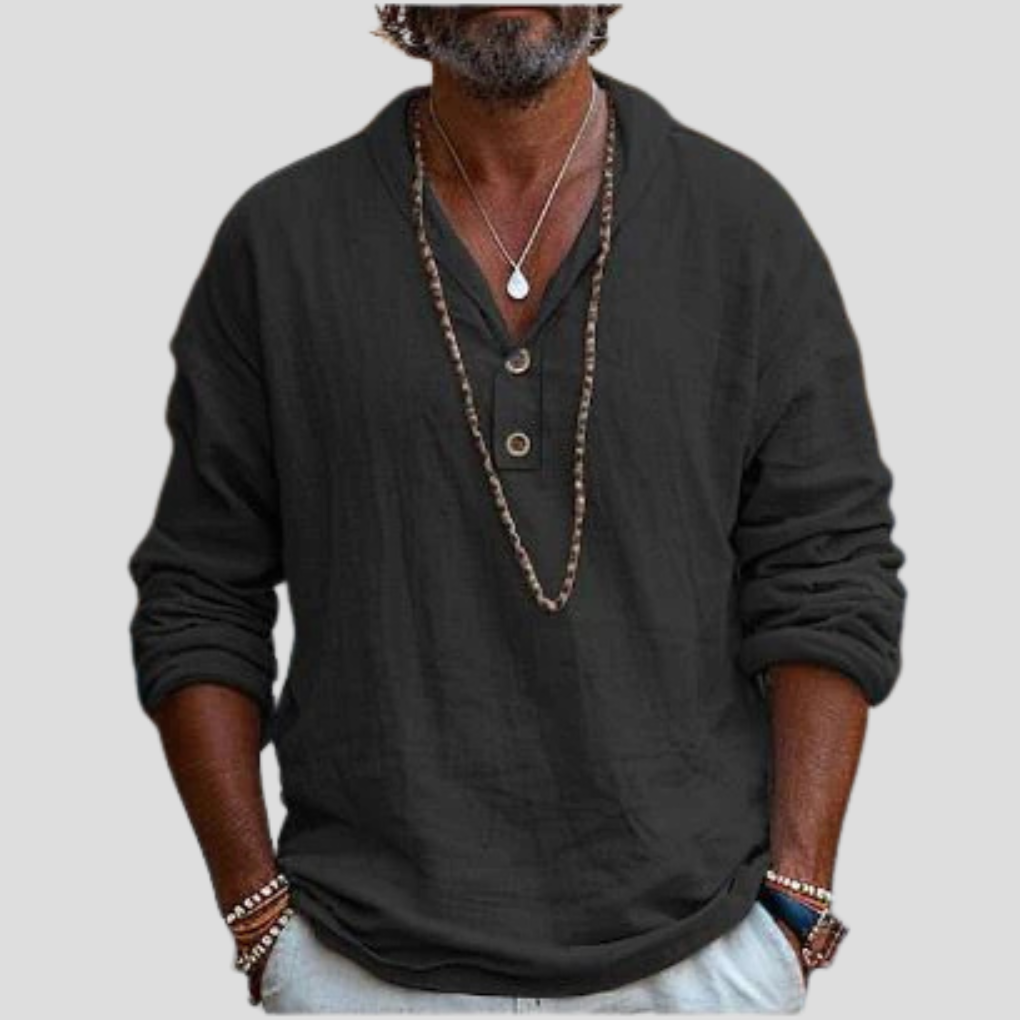 Momount Uomo Camicia Henley di Lino – Manica Lunga Collo alla Coreana Raffinata Casual