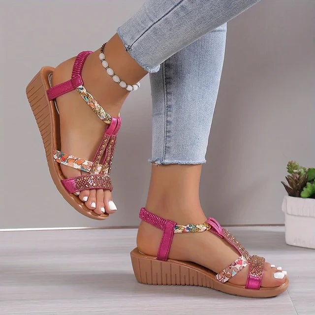 Momount Donna Sandali con Zeppa – Fucsia Floreale con Strass Intrecciati Boho