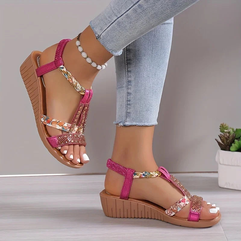 Momount Donna Sandali con Zeppa – Fucsia Floreale con Strass Intrecciati Boho