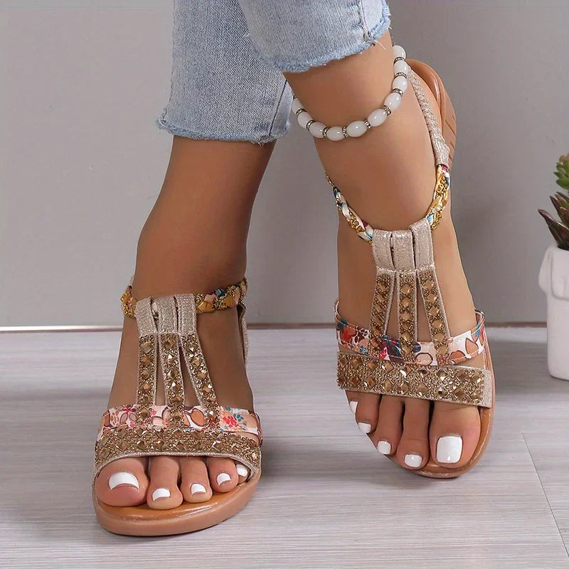 Momount Donna Sandali con Zeppa – Fucsia Floreale con Strass Intrecciati Boho