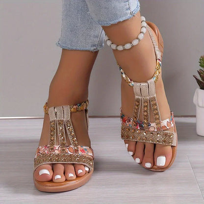 Momount Donna Sandali con Zeppa – Fucsia Floreale con Strass Intrecciati Boho