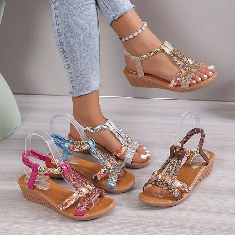Momount Donna Sandali con Zeppa – Fucsia Floreale con Strass Intrecciati Boho