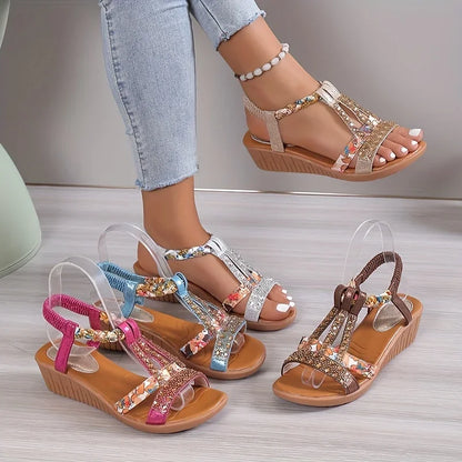 Momount Donna Sandali con Zeppa – Fucsia Floreale con Strass Intrecciati Boho