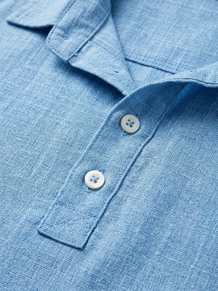 Momount Men Linen Shirt – Long Sleeve Popover Button Placket Casual - Sky Blue - detail