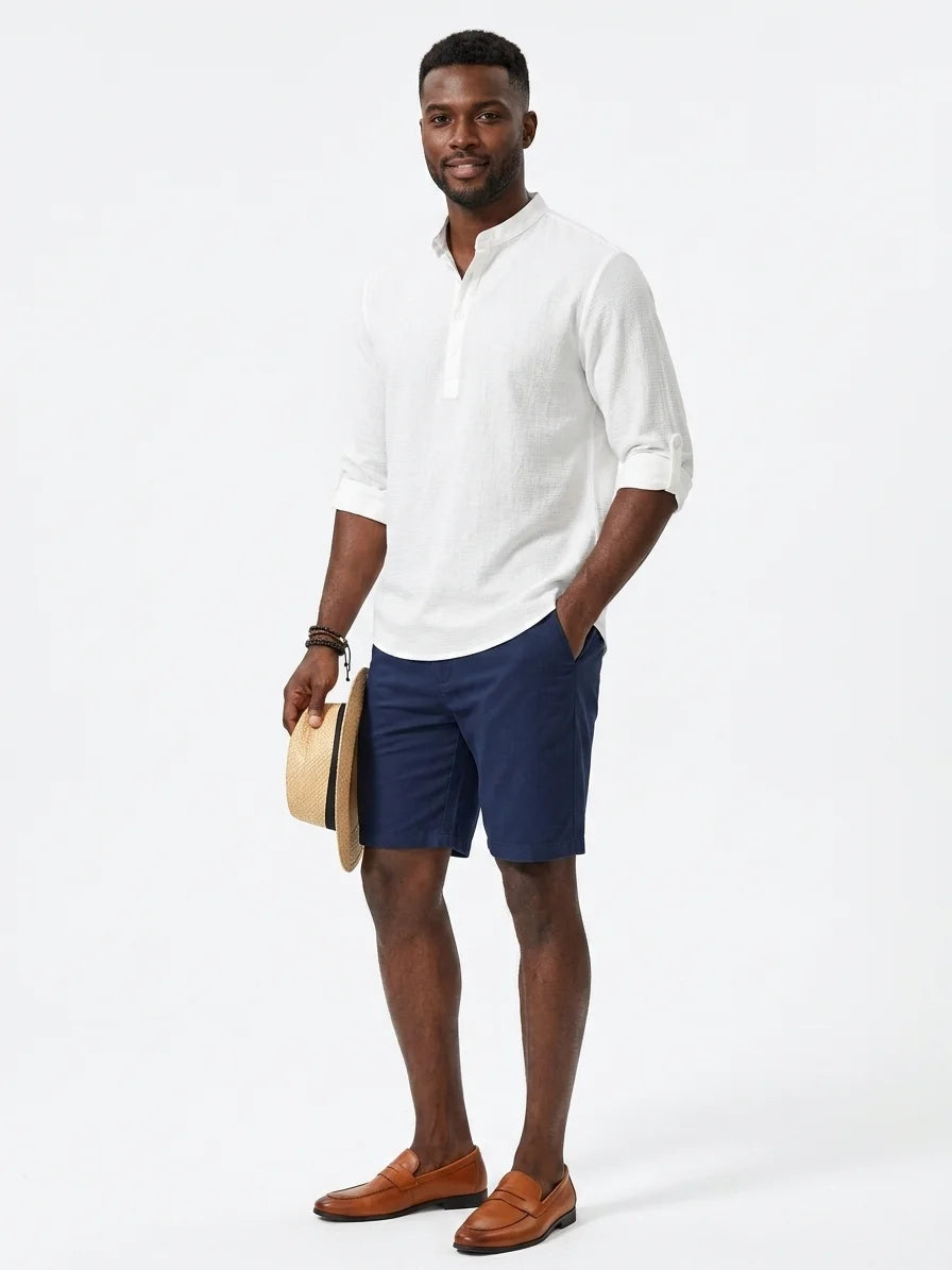 Momount Men Waffle Linen Shirt – Long Sleeve Band Collar Chest Pocket - White - 3/4