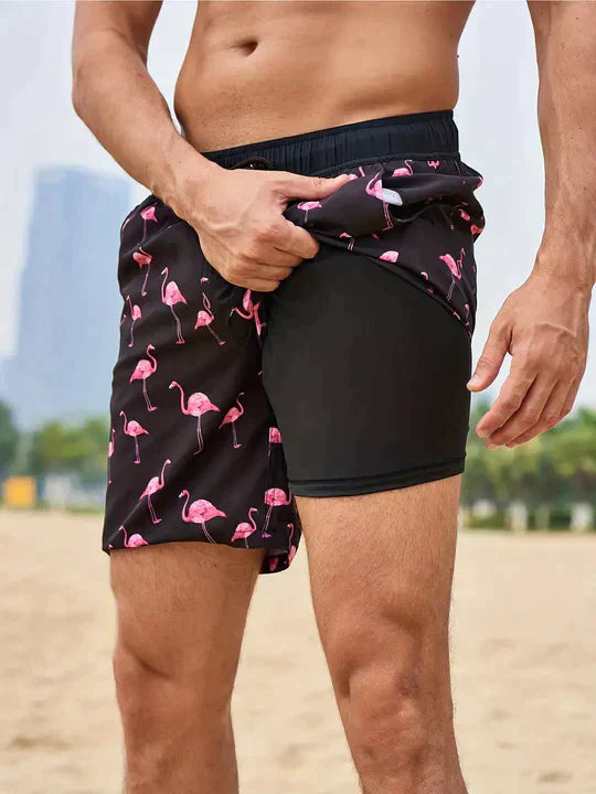 Momount Costume da Bagno Uomo – Stampa Palme Fodera a Compressione Asciugatura Rapida Lunghezza Media