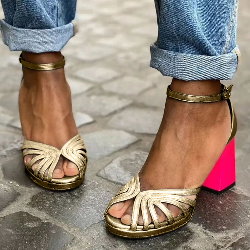 Momount Donna Sandali con Tacco – Metallizzati Cinturini Tacco Largo Cinturino alla Caviglia Punta Aperta Stile Serata