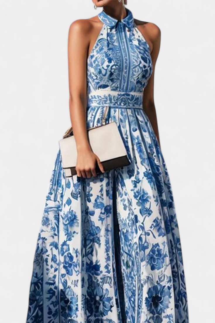 Momount Donna Vestito Maxi Floreale – Scollo all'Americana Senza Maniche Elegante