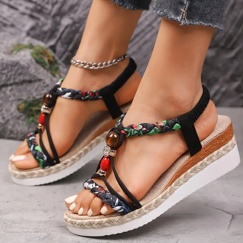 Momount Donna Sandali Espadrillas con Zeppa – Boho Intrecciati con Perline e Strass