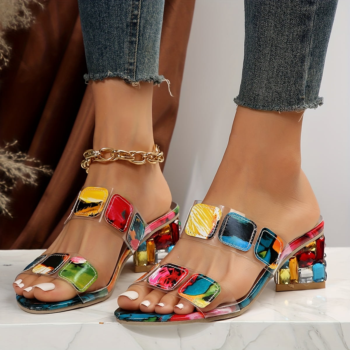 Momount Donna Sandali – Gemma Quadrata Trasparente Tacco Largo