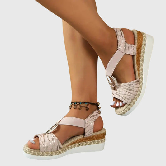 Momount Donna Sandali Espadrillas con Zeppa – Rosa Cipria Metallizzato Cinturino alla Caviglia
