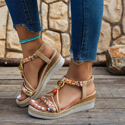 Momount Donna Sandali Espadrillas con Zeppa – Boho Intrecciati con Perline e Strass