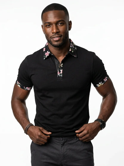 Momount Men Polo Shirt – Floral Contrast Collar Cuffs Short Sleeve - Black - front