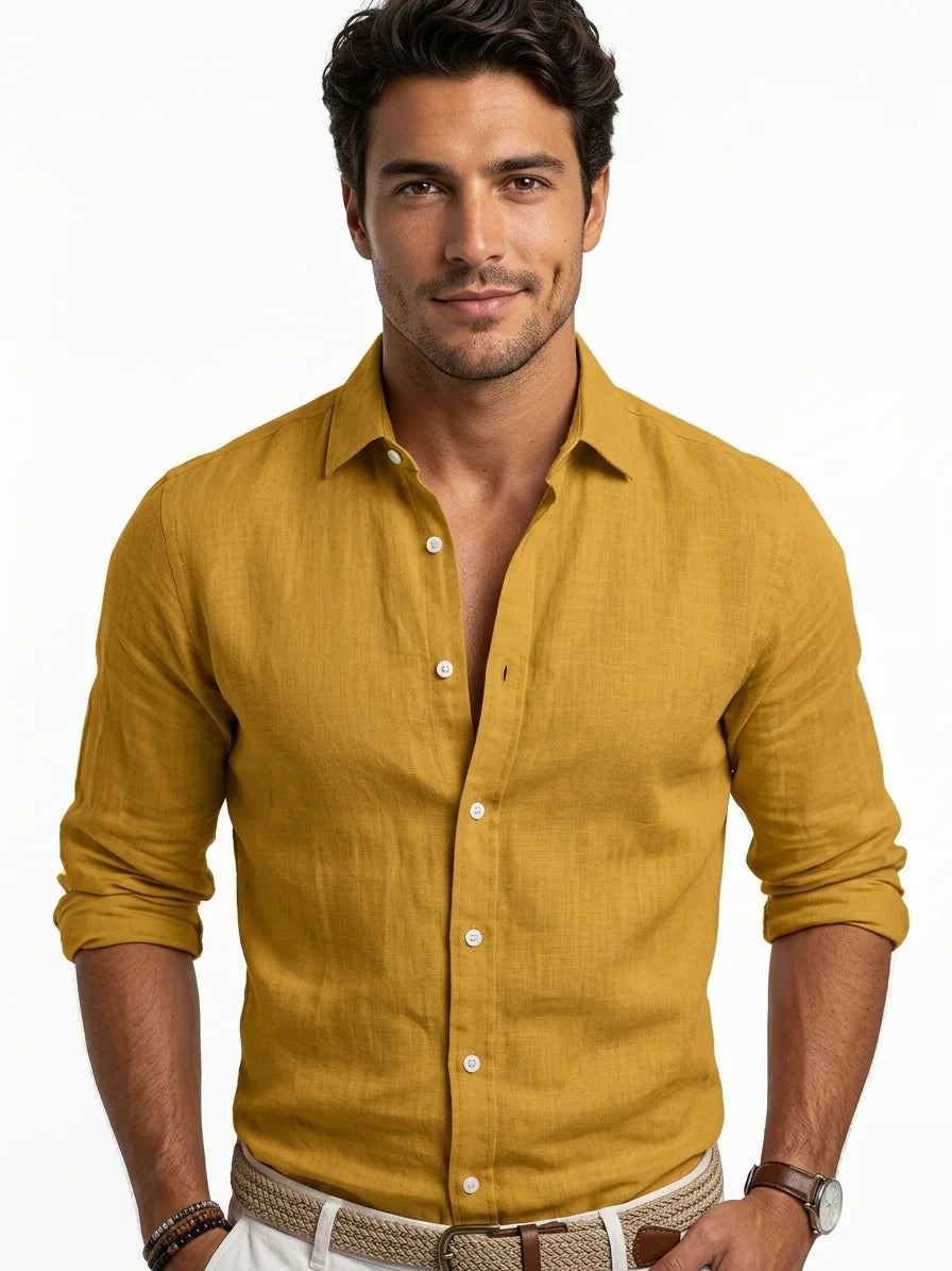 Momount Men Linen Shirt – Long Sleeve Turn Down Collar Summer Casual - Yellow - front