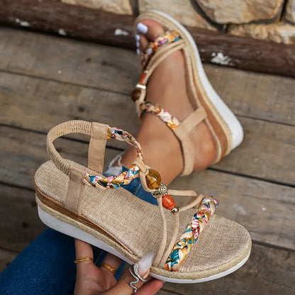 Momount Donna Sandali Espadrillas con Zeppa – Boho Intrecciati con Perline e Strass