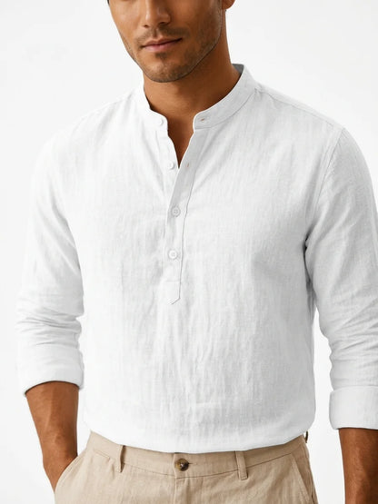 Momount Men Linen Henley Shirt – Long Sleeve Band Collar Breathable Casual - White - closeup
