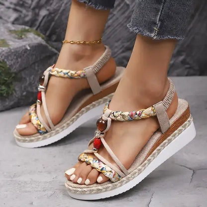 Momount Donna Sandali Espadrillas con Zeppa – Boho Intrecciati con Perline e Strass