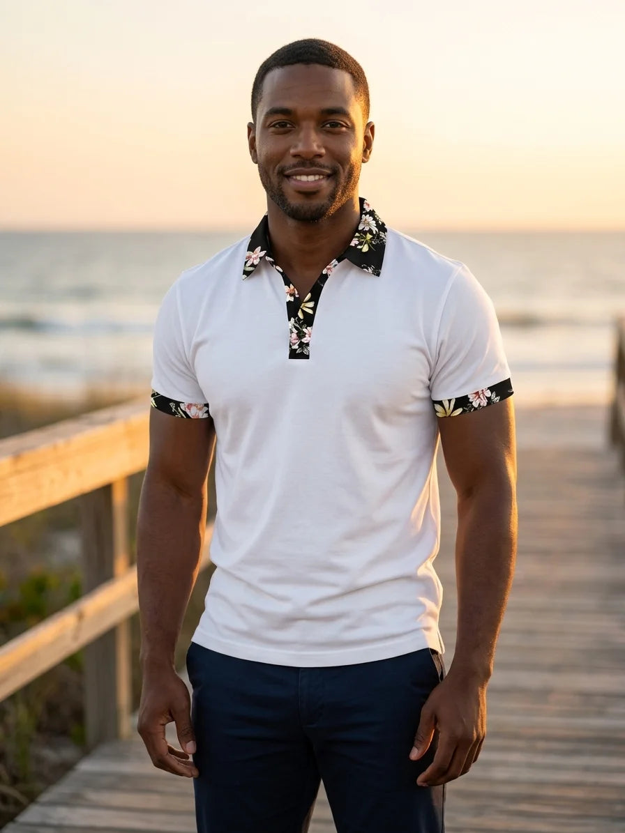 Momount Men Polo Shirt – Floral Contrast Collar Cuffs Short Sleeve - White - lifestyle_beach