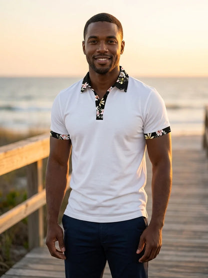 Momount Men Polo Shirt – Floral Contrast Collar Cuffs Short Sleeve - White - lifestyle_beach