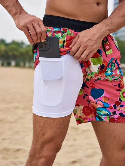 Momount Costume da Bagno Uomo – Stampa Palme Fodera a Compressione Asciugatura Rapida Lunghezza Media