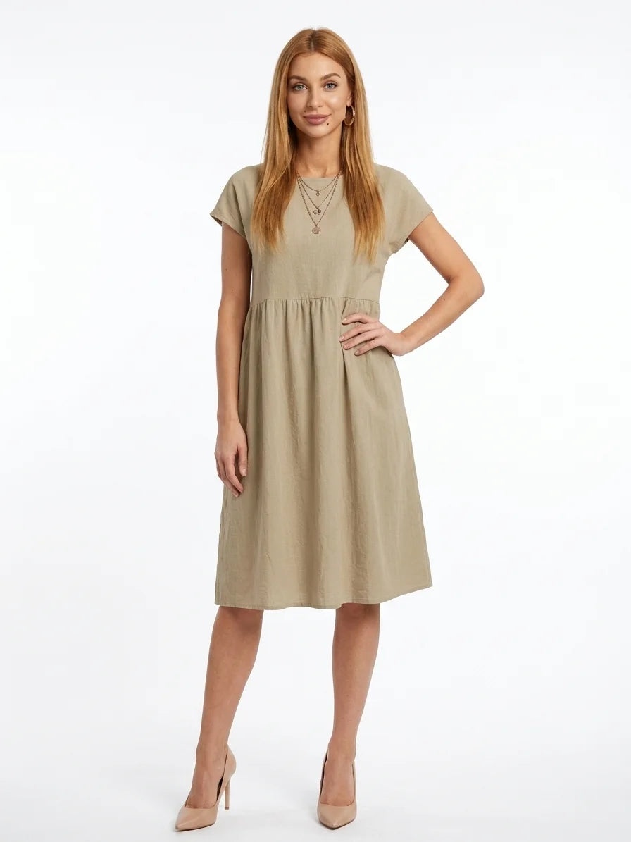 Amadea | Cotton Short Sleeve Tiered Summer Midi Dress - Khaki - front