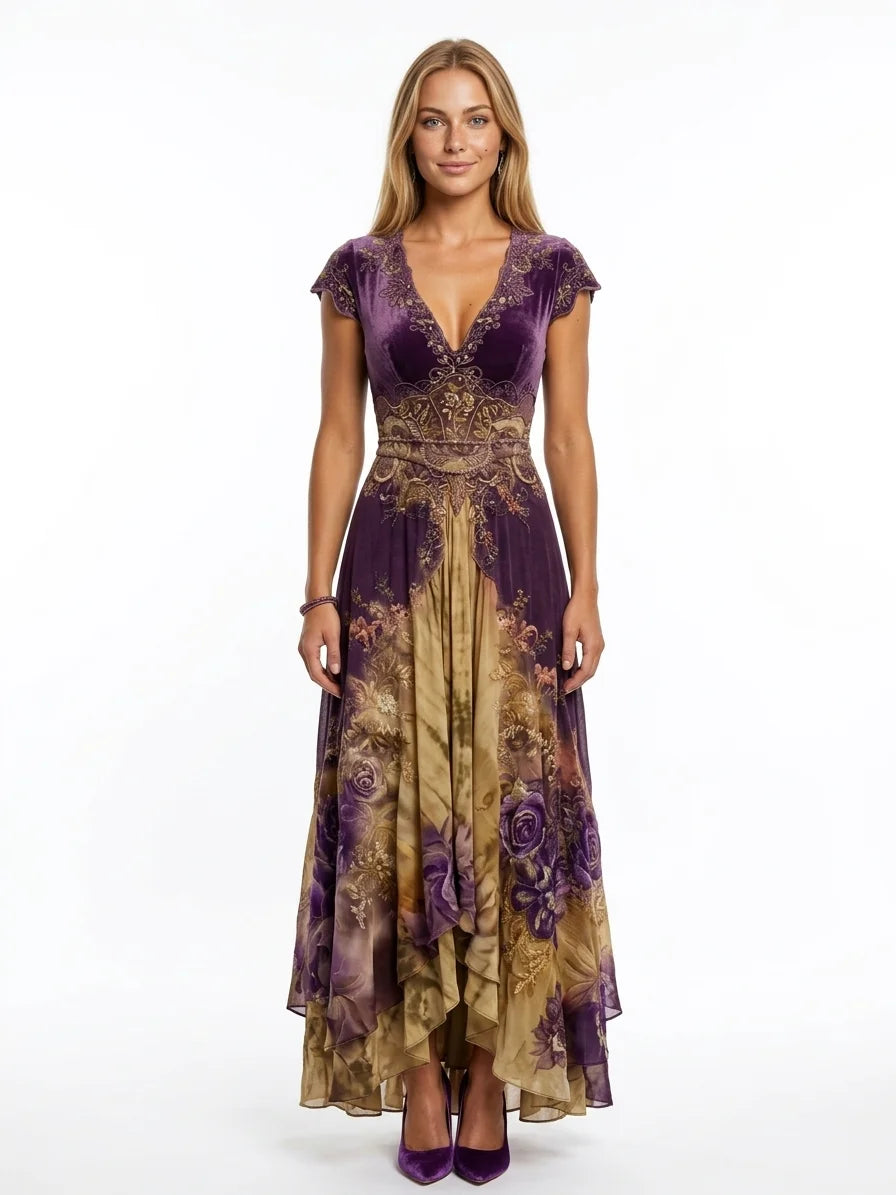 Aurora Gradient Maxi Dress | Mixed Print, V-Neck - Khaki - front