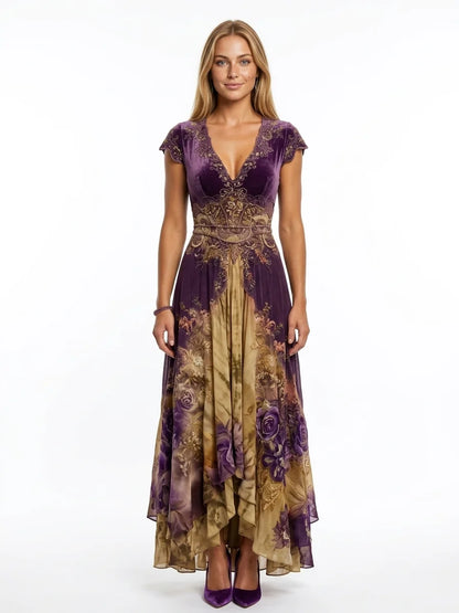 Aurora Gradient Maxi Dress | Mixed Print, V-Neck - Khaki - front