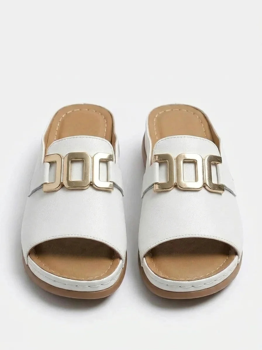 Bellarisa | Gold Chain Buckle Flat Slide Sandals - White - front
