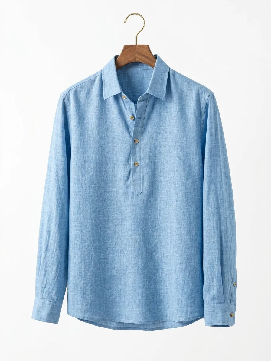 Momount Men Linen Shirt – Long Sleeve Popover Button Placket Casual - Sky Blue - hanger
