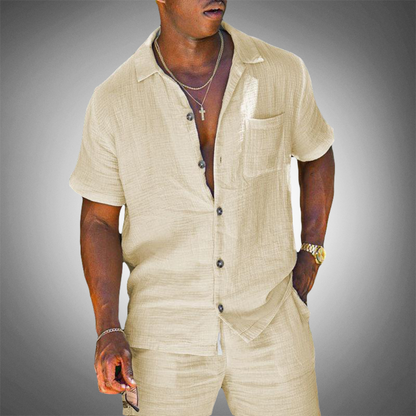 Momount Uomo Camicia di Lino – Manica Corta Abbottonata Casual Estiva