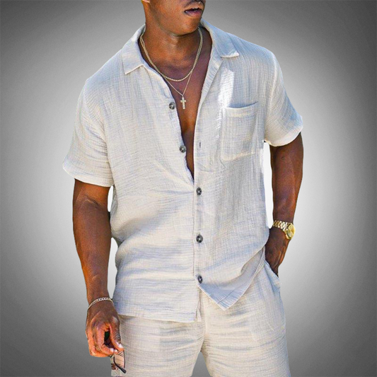 Momount Uomo Camicia di Lino – Manica Corta Abbottonata Casual Estiva