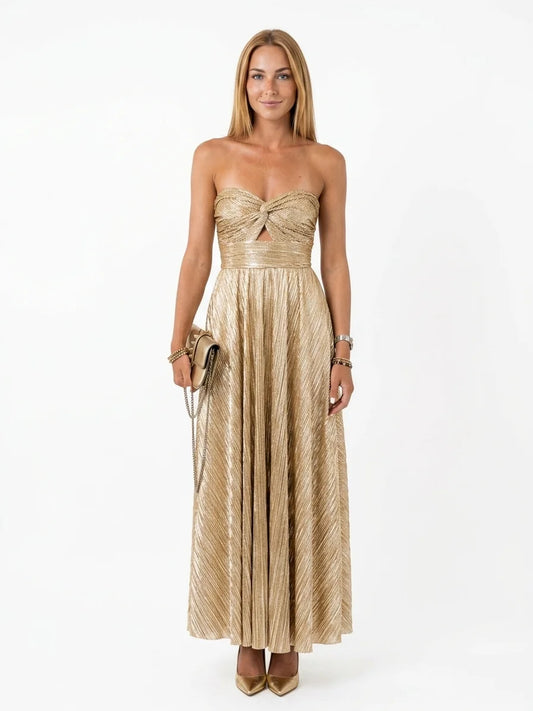 Persephone | Elegant Metallic Pleated Strapless Maxi Dress - Gold - front