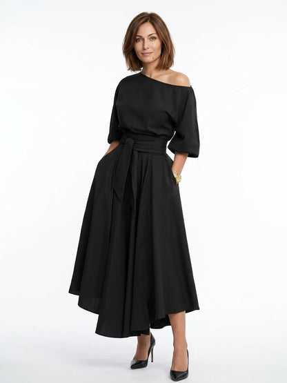Ameliana | Elegant Off Shoulder Belted Summer Midi Dress - Black - 3/4