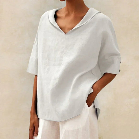 Blusa donna oversize con scollo a V, collo a revers e spacchi laterali – per outfit estivi rilassati