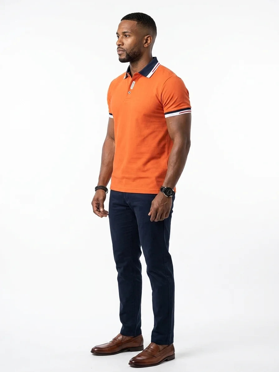 Momount Men Polo Shirt – Contrast Collar Striped Cuff Short Sleeve - Orange - side