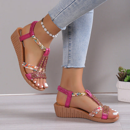Momount Donna Sandali con Zeppa – Boho con Strass Intrecciati Tira a T Estivi