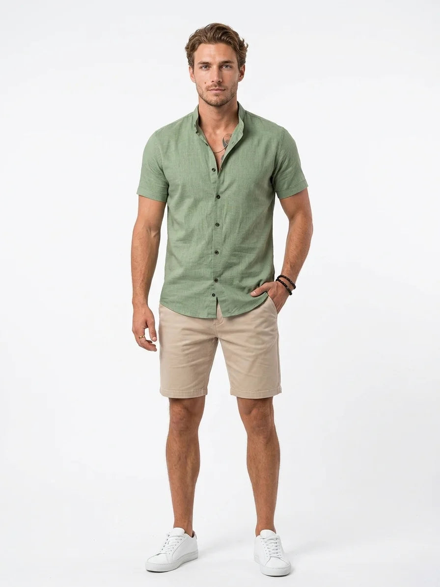 Momount Men Linen Shirt – Long Sleeve Slim Fit Point Collar Classic - Green - front