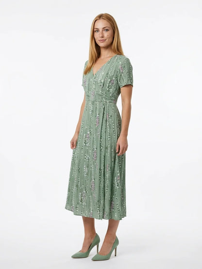Poppy Summer Midi Dress | Flared Skirt, V-Neck, Printed - Green - 3/4